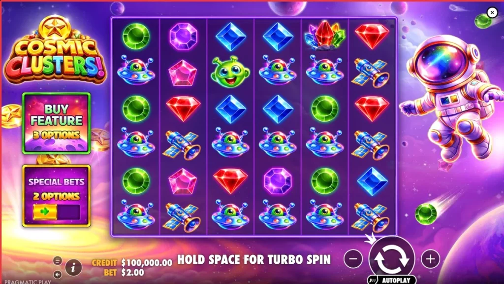 Interface do jogo de slot Cosmic Clusters com tema espacial e símbolos de cristais neon.