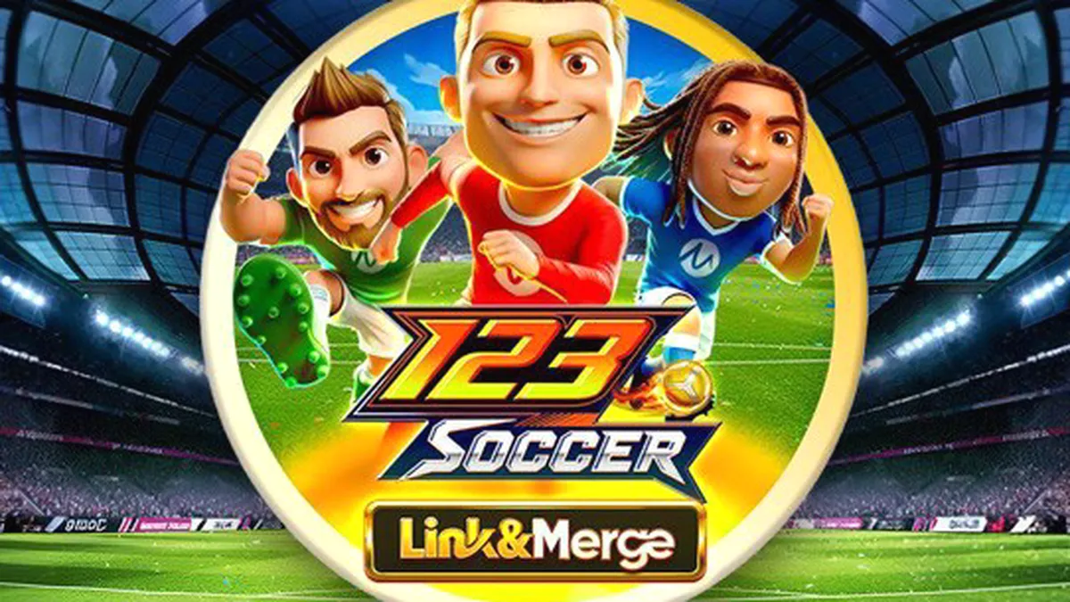Interface do jogo de slot 123 Soccer Link&Merge com elementos de futebol