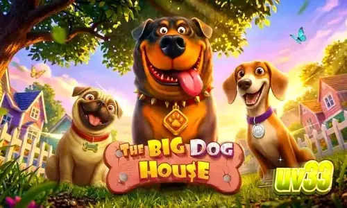 Interface de jogo do slot The Big Dog House com símbolos de cães e elementos de bônus